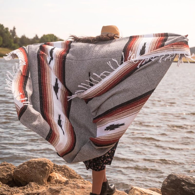 Open Road Goods Heather Gray Mexican Yoga Blanket - Thick Grey Diamond Blanket with Camel, Tan Brown, & Rust Orange Red Clay Stripes - Image 2